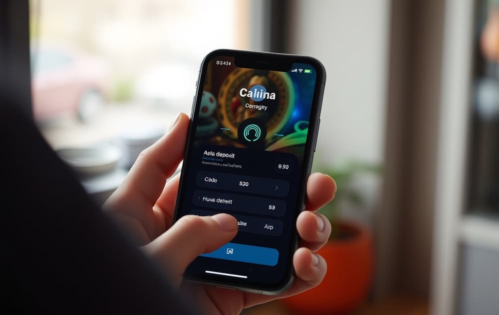 En person som bruker Apple Pay med Face ID for å sette inn penger på et nettcasino. Mobilskjermen viser innskuddsbeløp og Face ID-symbol.