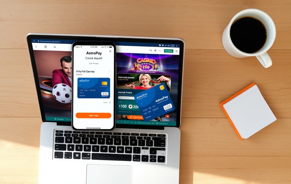 Smarttelefon med AstroPay-appen ved siden av en laptop med casino-innskuddsskjerm.