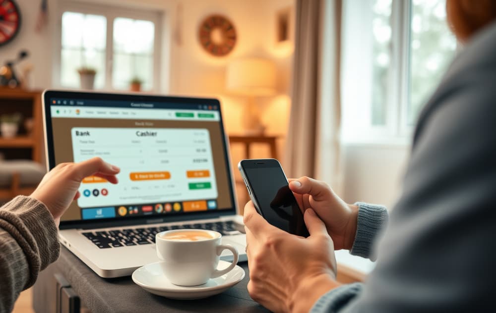 Norsk person som bruker mobiltelefon og laptop med casino-kasse og bankoverføring valgt, kaffekopp ved siden av.