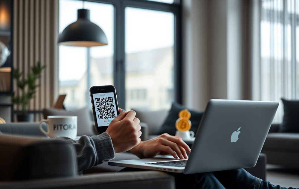 Norsk spiller med mobil og laptop, QR-kode for Bitcoin-innskudd på casino.