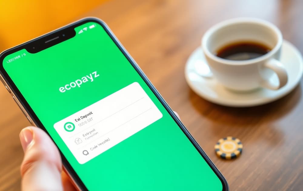 Smarttelefon med Ecopayz-appen og casinoinnskudd i bakgrunnen