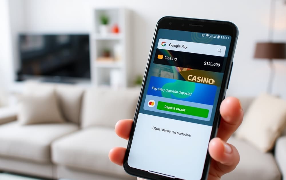 Hånd som holder Android-telefon med Google Pay-betaling på et casino, bakgrunn med bekreftelse på innskudd.