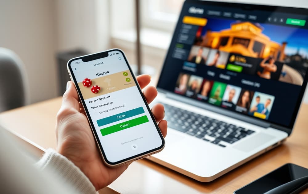 Person som bruker Klarna-appen på mobilen for å sette inn penger på et nettcasino.