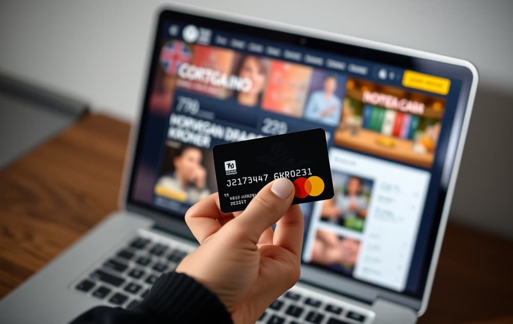 Hånd som holder Mastercard debetkort foran en laptop med casinoinnskuddsskjerm.