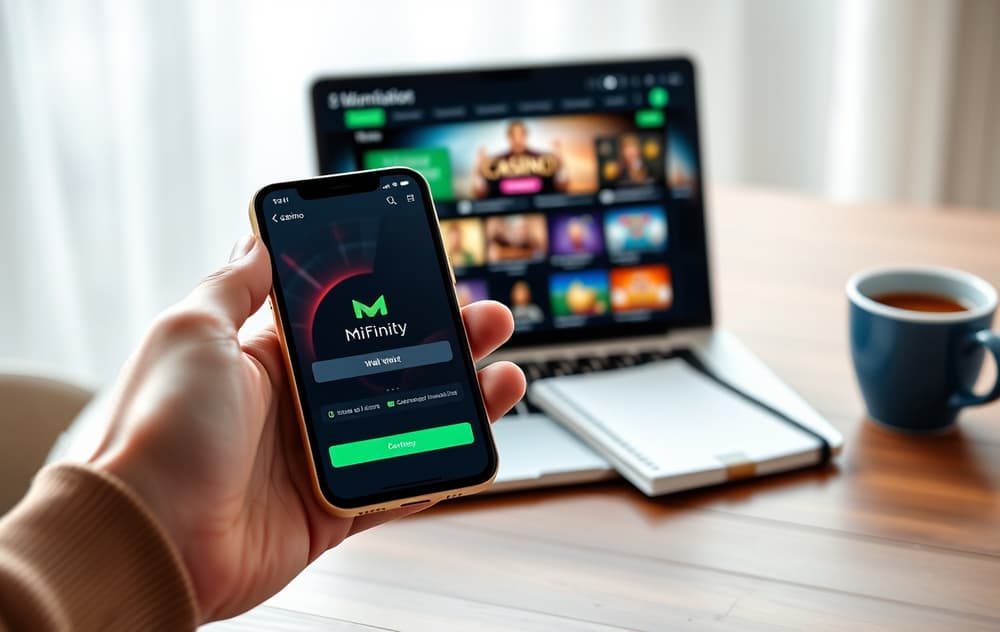 Person med mobiltelefon som viser MiFinity-appen ved siden av en bærbar PC med casino på skjermen