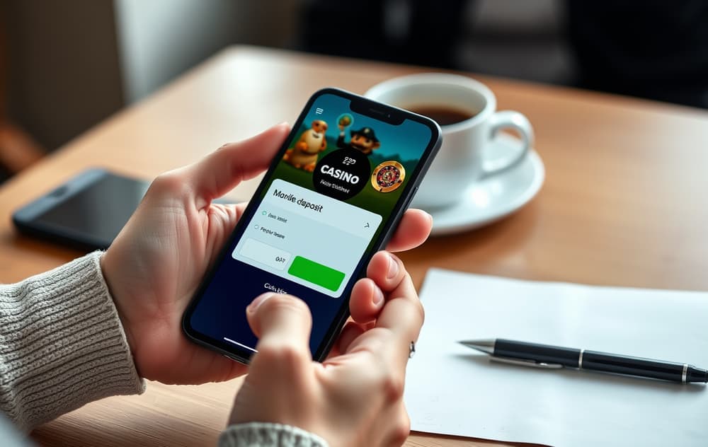 Person med mobiltelefon som viser mobilbetaling på et casinoinnskudd.