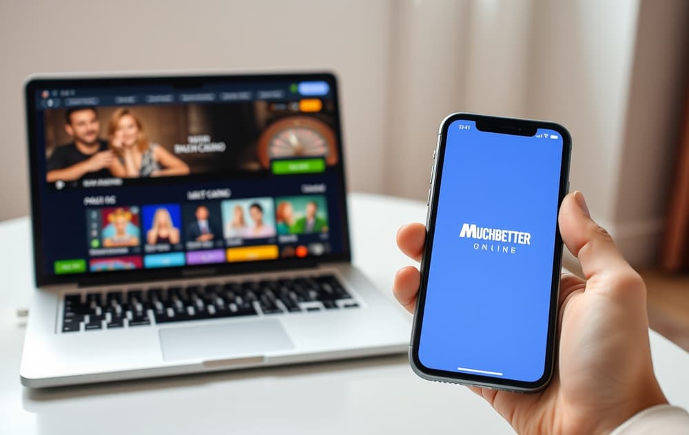 Person med mobiltelefon med MuchBetter-app ved siden av laptop med casino.