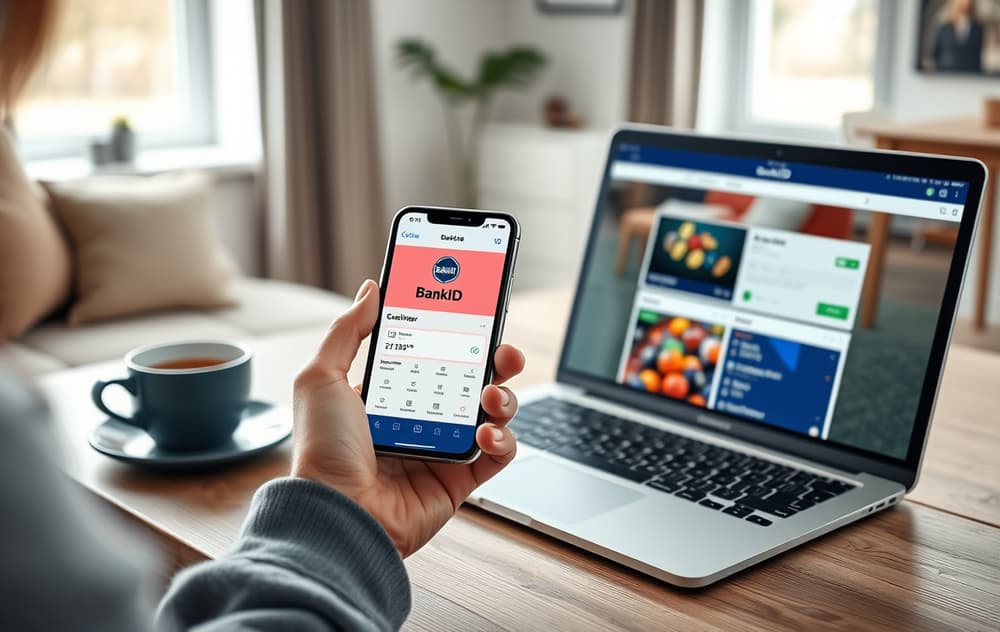 Person som bruker BankID på mobilen for å sette inn penger på et Pay n Play Casino.