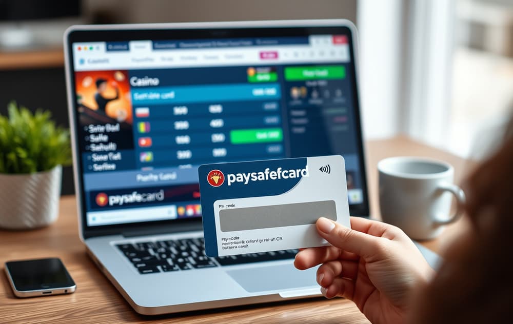 Paysafecard-kort holdt foran en laptop med casino-innskuddsskjerm