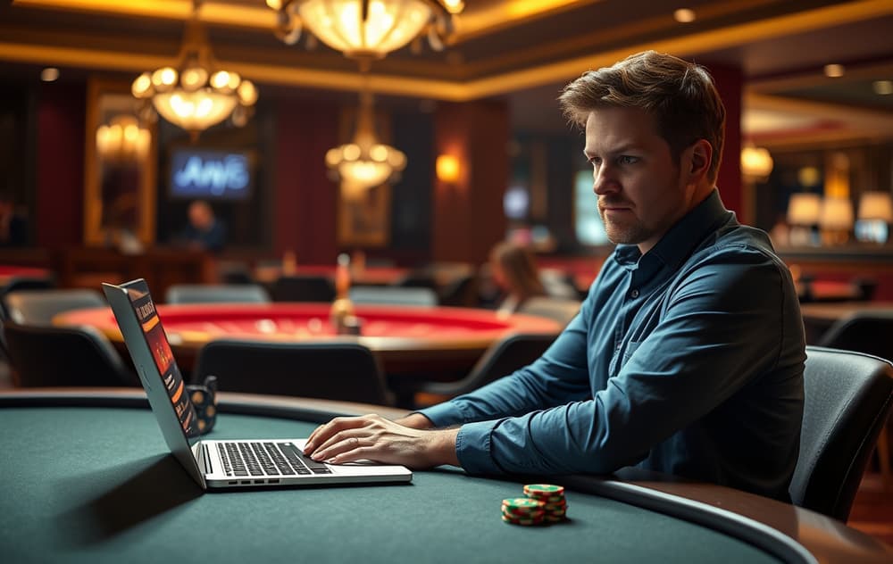 En person sitter ved en laptop og holder en 100-kronerseddel, ved siden av en grønn bonuschip, i et diskret casino-miljø.
