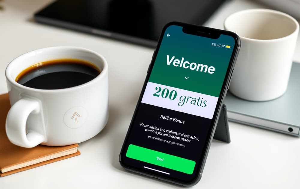 Smarttelefon med 200 kr gratis bonus på skjermen, kaffekopp og notatbok på skrivebordet.