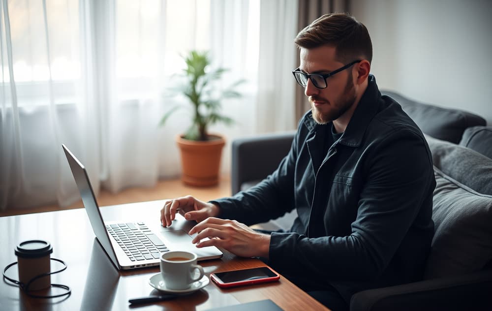 En person som spiller på et nettcasino fra stuen, med laptop og mobiltelefon, i dempet belysning.