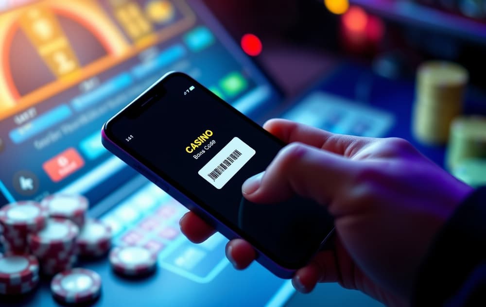 En person skriver inn en casino bonuskode på en mobiltelefon, med et casino-grensesnitt i bakgrunnen