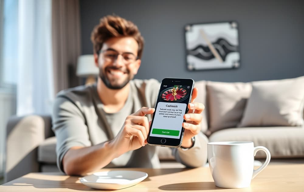 Person holder en mobiltelefon som viser en cashback-melding fra et casino, i en stue med kaffekopp på bordet.