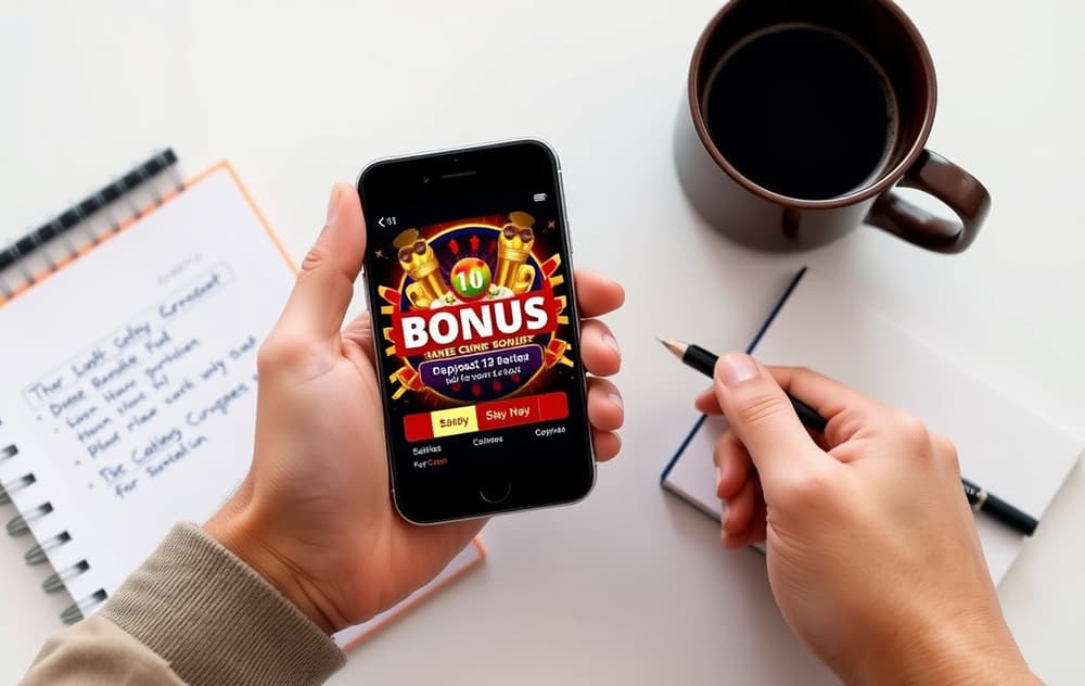 Person med smarttelefon som viser en casino bonus, med notatblokk og kaffekopp på bordet