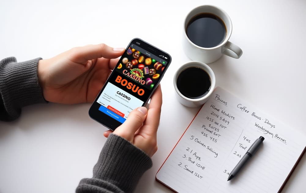 Person som holder en smarttelefon med en casinobonus-skjerm, ved siden av en kopp kaffe og en notatbok med omsetningskrav-beregninger.