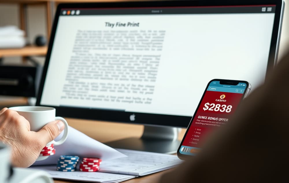 Person leser bonusvilkår på dataskjerm med kaffekopp og casino-brikker.