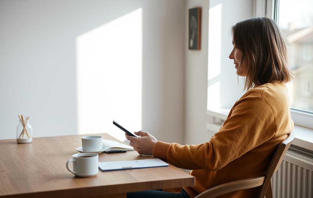 Person med mobiltelefon og kaffekopp, sjekker innskuddsbonus på nettcasino