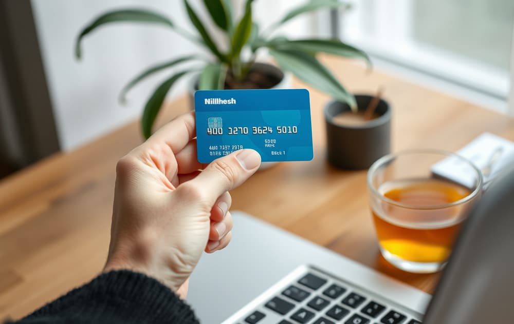 Hånd med kredittkort over laptop, sjekker vilkår for innskuddsbonus