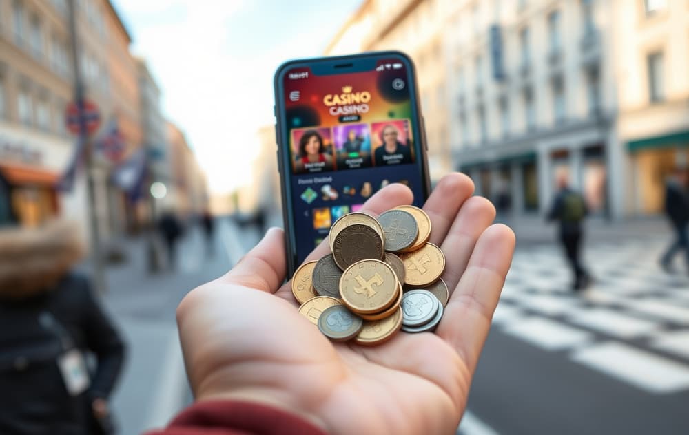 Person med mynter i hånden og mobiltelefon med casino-app