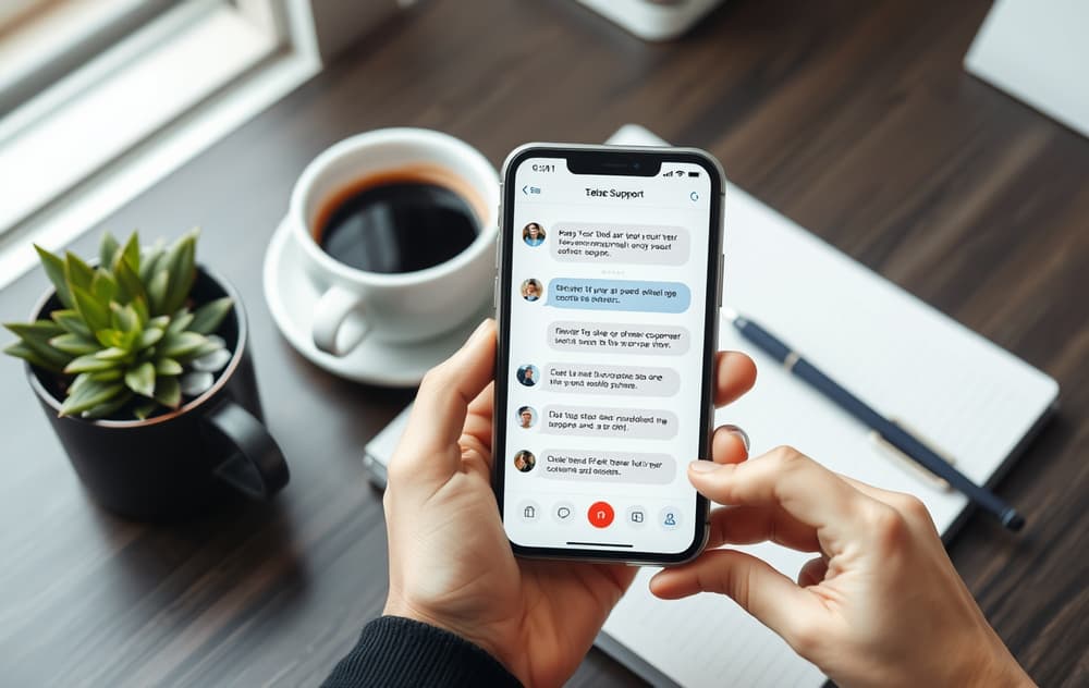 Person med mobiltelefon og kundeservice-chat, sjekker trygghet