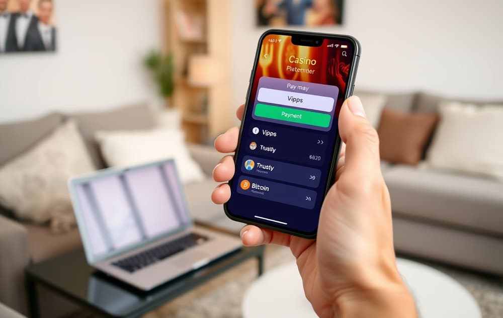 En person som bruker mobilen til å velge betalingsmetode på et nettcasino, med Vipps, Trustly og Bitcoin som alternativer.