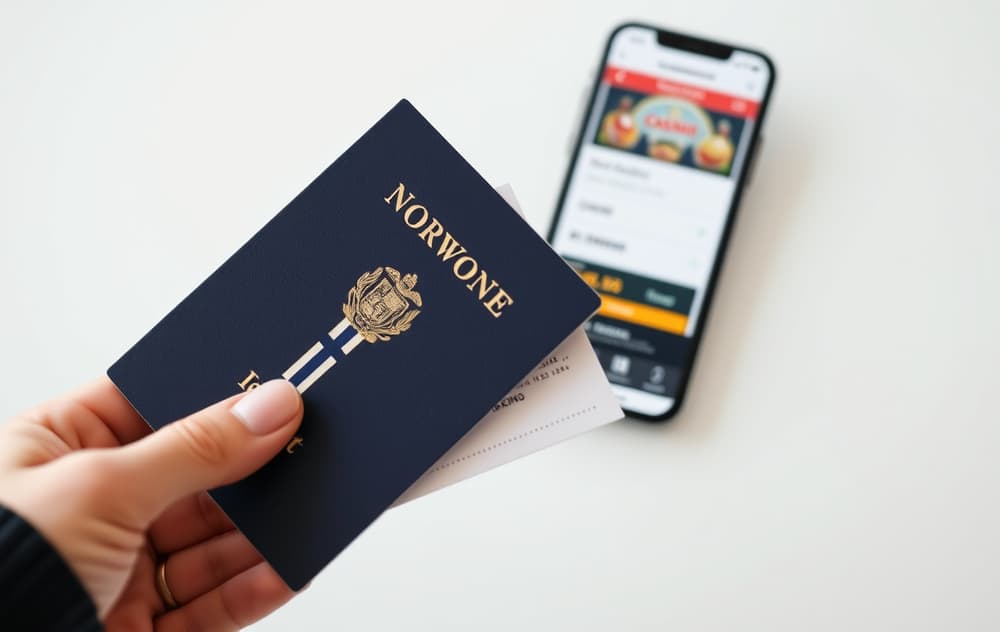 Person som holder norsk pass og strømregning foran en mobilskjerm med casino-verifisering