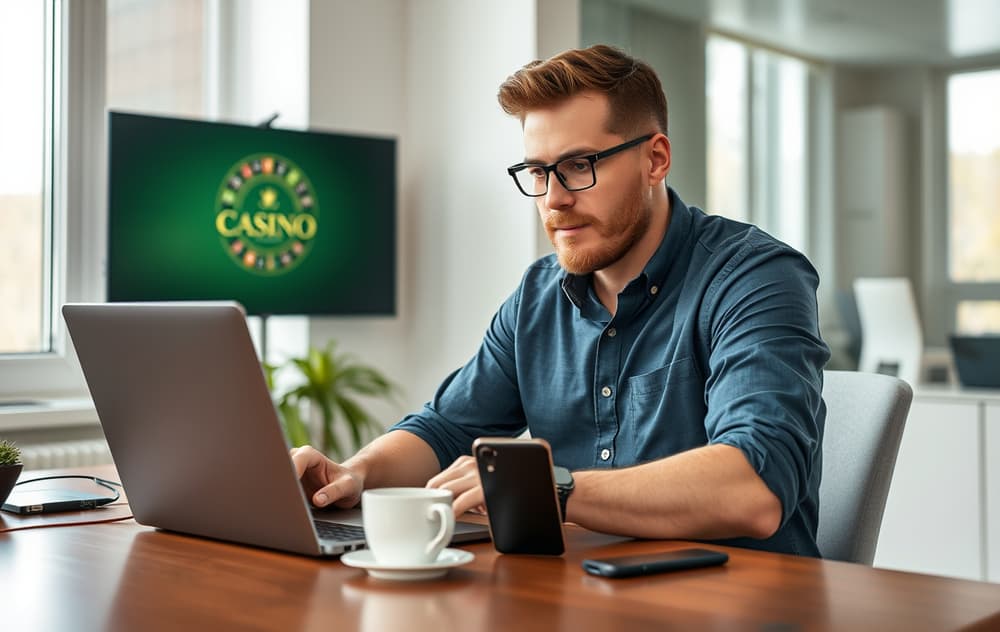 Norsk spiller som sjekker casino-lisens på laptop med mobil og kaffekopp på skrivebordet