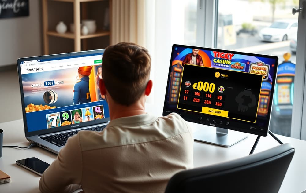 En person sammenligner Norsk Tipping og et nettcasino på skjermen, med en tankefull mine.