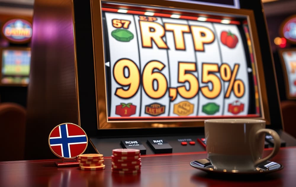 Spilleautomat med RTP-prosent synlig, norsk flagg, sjetonger og kaffekopp.