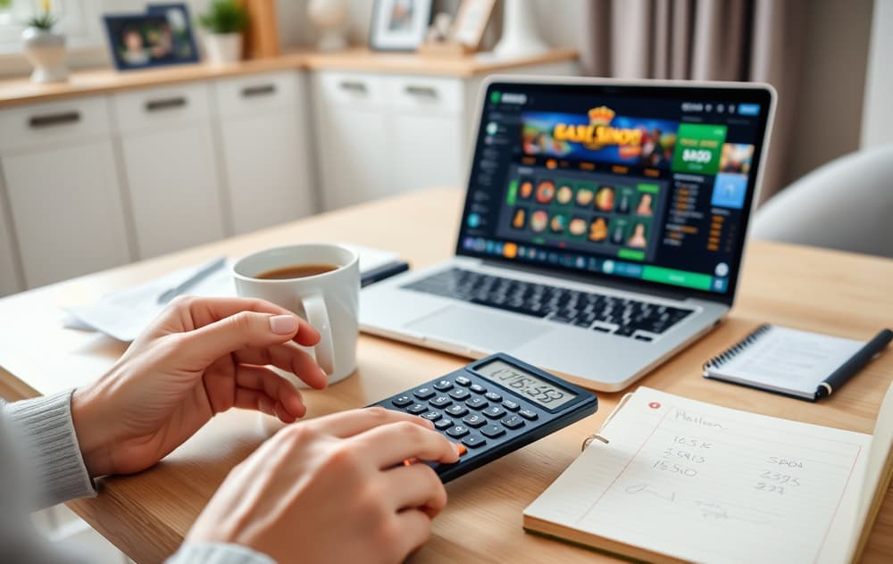 En person som regner på skatt for casino-gevinst ved en laptop med kalkulator og notater.