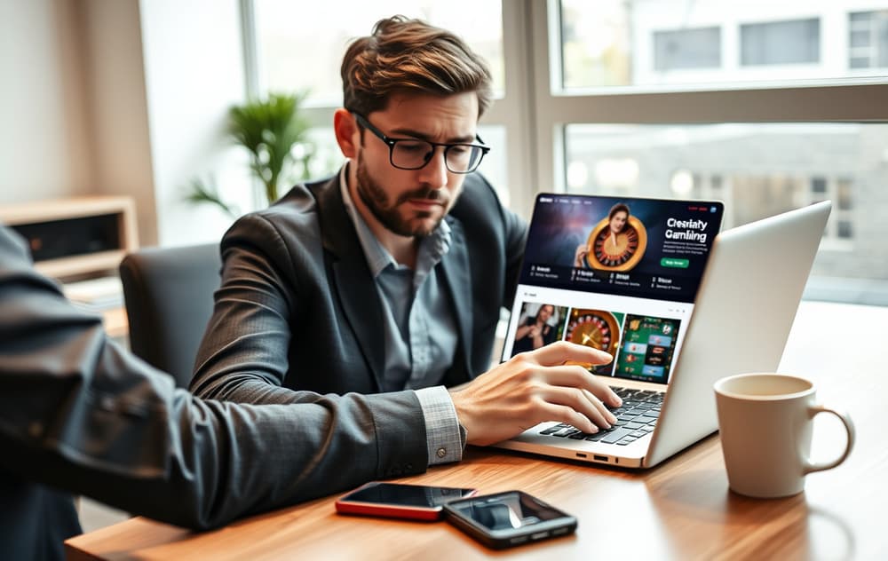 En person sitter ved et skrivebord og ser på et casino på laptop, med mobil og kaffekopp, uttrykker bekymring for rettigheter og ansvarlig spilling.