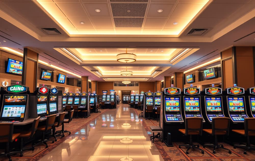 Moderne casinolobby med spilleautomater og bord, varm belysning, ingen mennesker