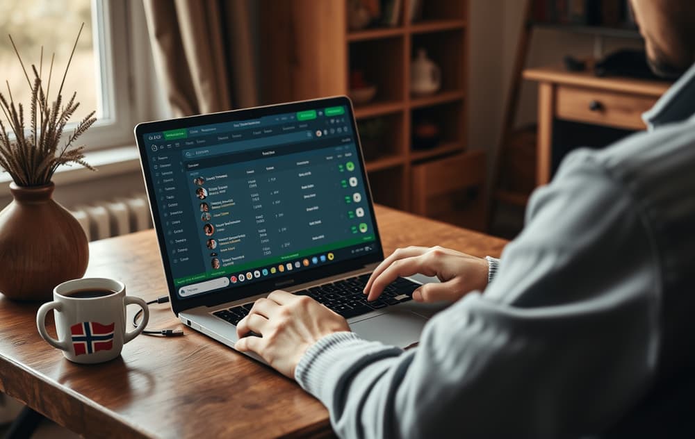 Person med laptop som viser odds på en fotballkamp, norsk flagg og kaffekopp på bordet.