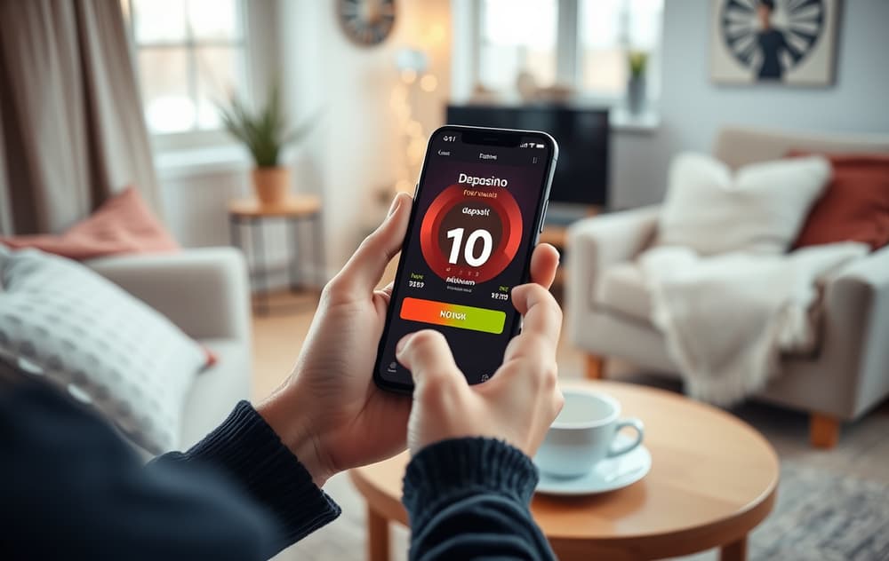 Person med mobil som viser casinoinnskudd på 10 kroner, norsk stue