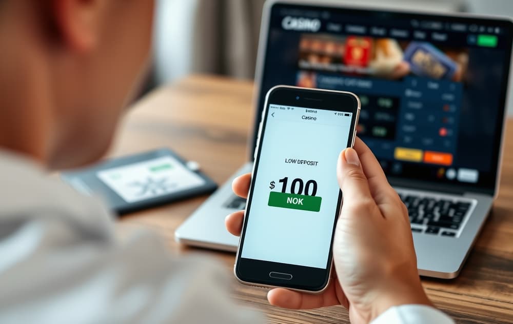 Person med mobiltelefon som viser casino med lavt innskudd, ved et bord med laptop i bakgrunnen.