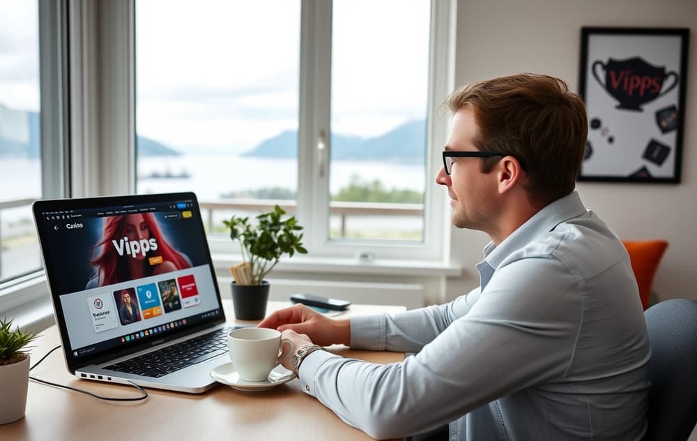 Norsk person analyserer casino uten registrering på laptop med Vipps-logo, fjordutsikt bak