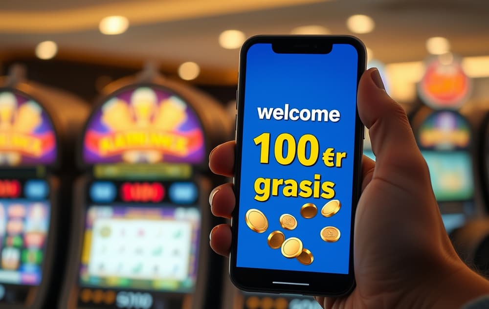 Mobiltelefon med skjermbilde av gratis casinobonus på 100 kr, mynter og spilleautomater i bakgrunnen