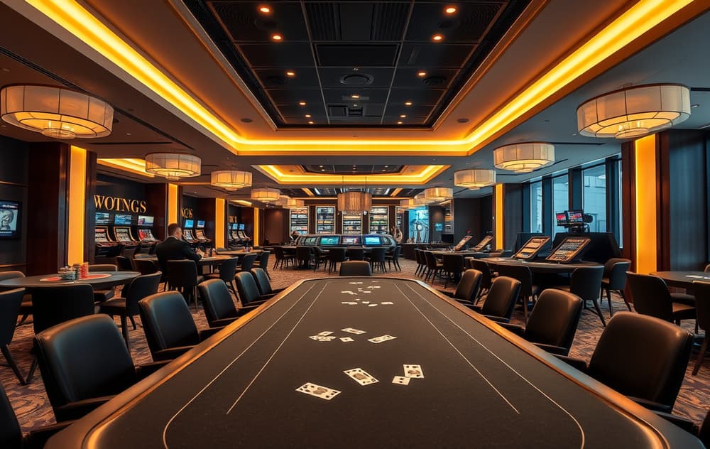 Highroller casino lobby med storspiller ved bord