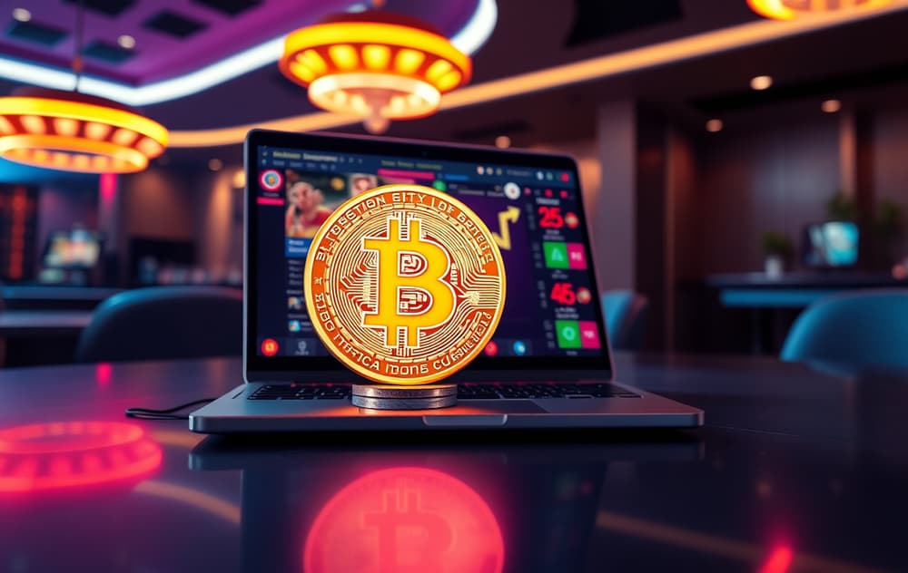 Bitcoin på kasinobord med laptop og neonlys i bakgrunnen