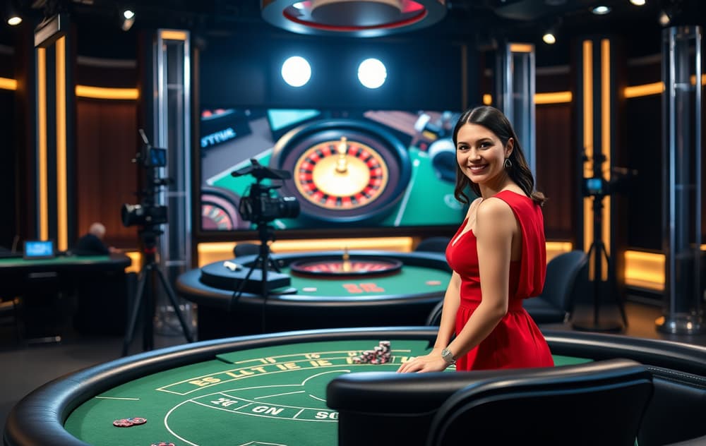 Live casino-studio med kvinnelig dealer ved blackjack-bord, grønt filt og roulette-hjul i bakgrunnen