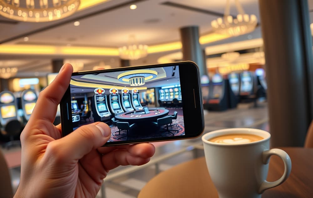 Mobiltelefon med casinospill på skjermen, kaffekopp ved siden av, moderne norsk interiør.