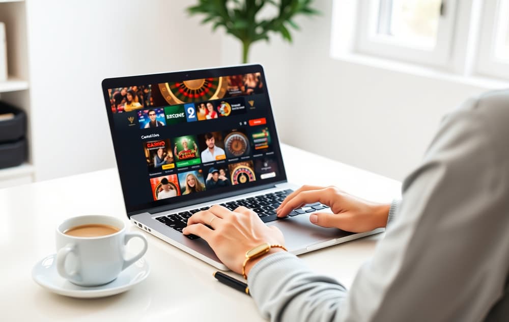 En person som sammenligner nettcasinoer på en bærbar PC ved et skrivebord
