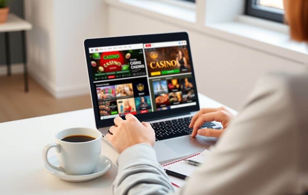 En person som sammenligner casinoer på en bærbar PC, med notater og kaffe.