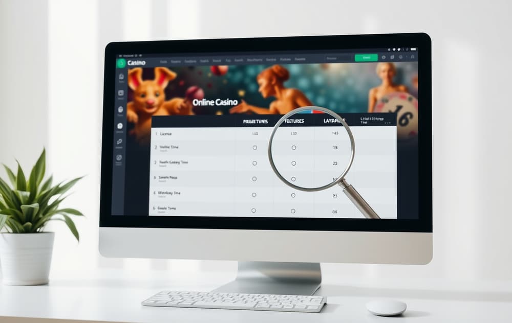 Sammenligning av nye casinoer på en dataskjerm med forstørrelsesglass over lisens og uttakstid.