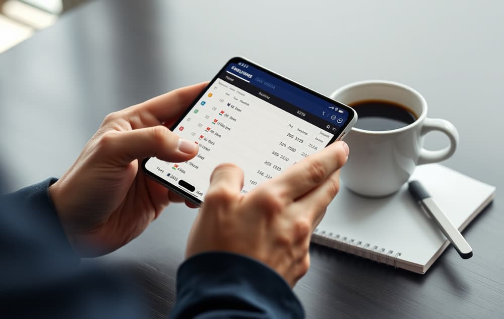 Person som sammenligner odds på mobiltelefon med kaffekopp og notatbok