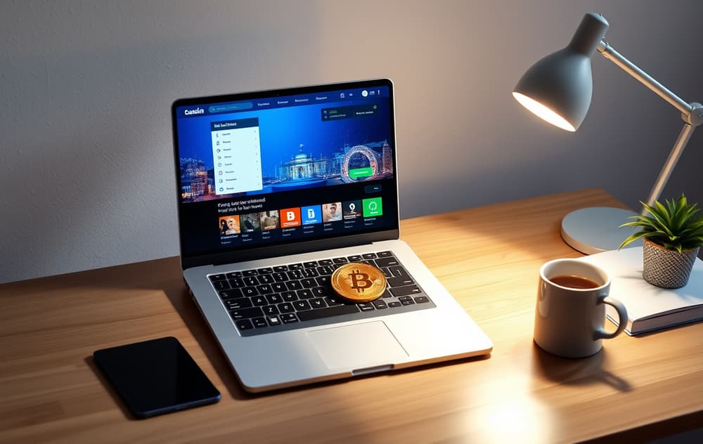 Casino med raske uttak – laptop med utbetalingskjerm og Bitcoin