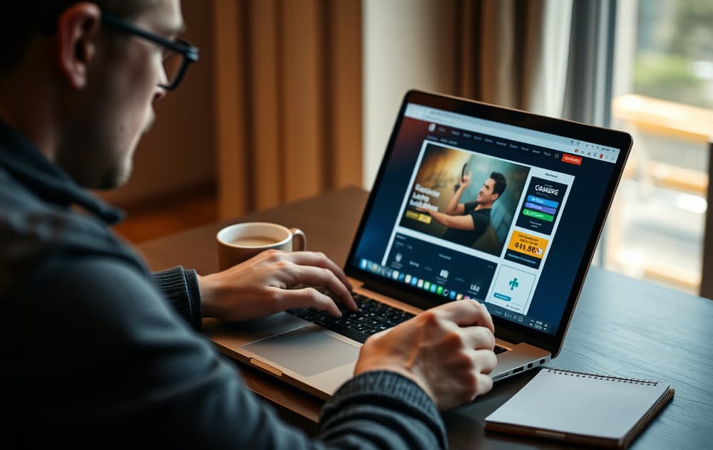 En spiller som sjekker casino-vilkår på en laptop, med kaffekopp og notatblokk.