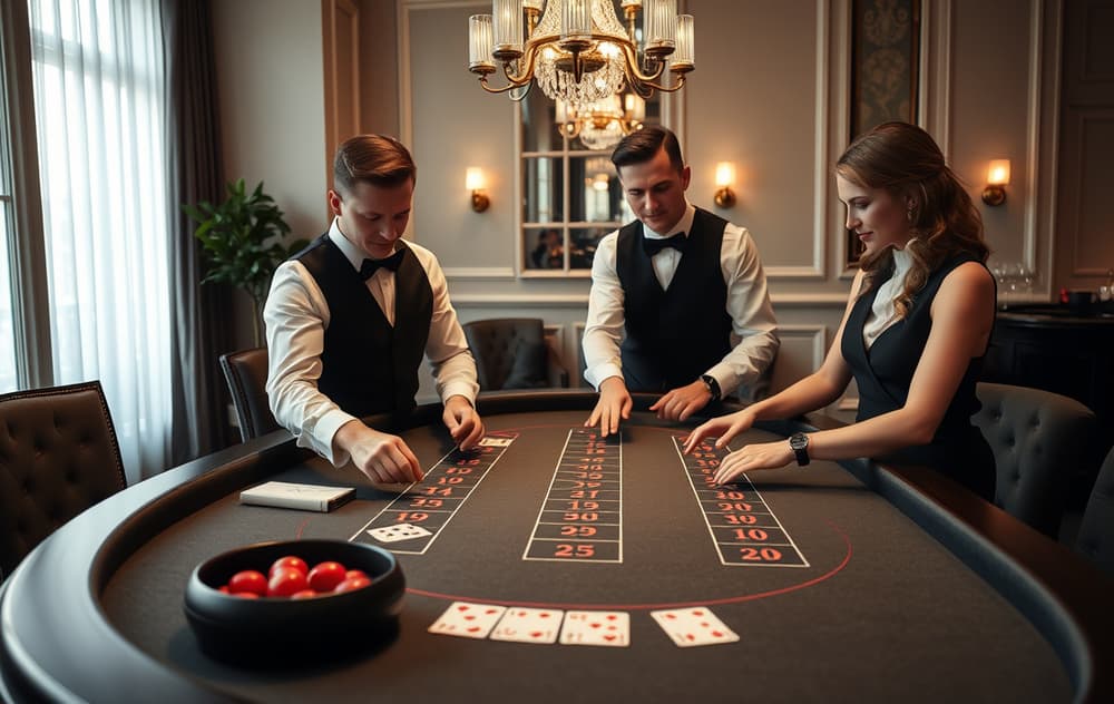 Live baccarat-bord med dealer og kort i aksjon, norsk casino-stil.
