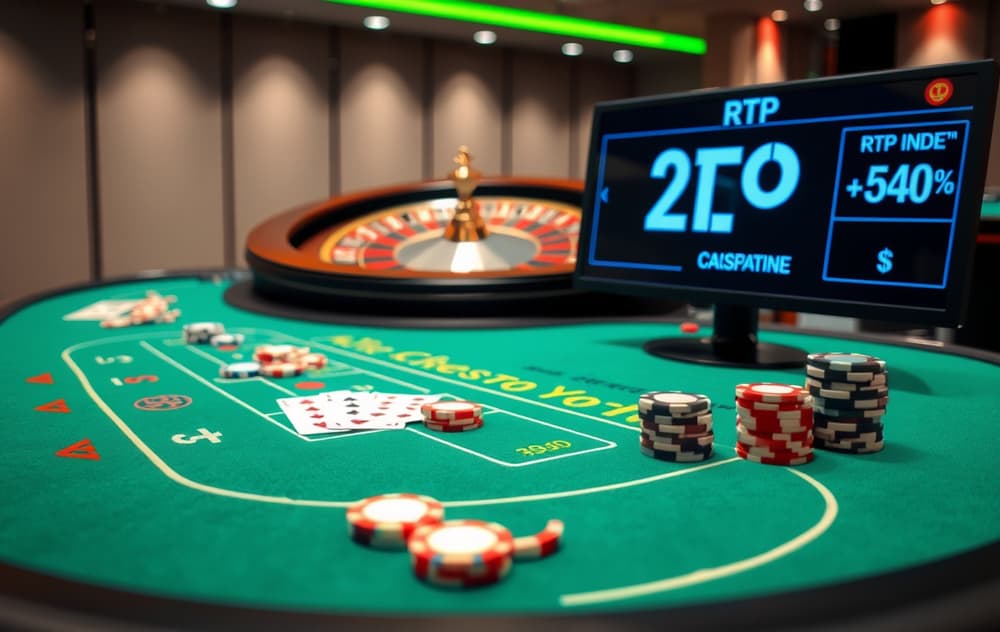 Bordspill på nett: blackjack-bord med kort og sjetonger, roulettehjul i bakgrunnen og RTP-prosent på skjerm.